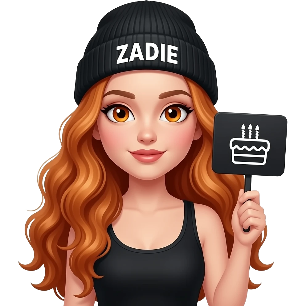 sexy girl with overlong wavy ginger hair and ginger eyes wearing a black tanktop and a black beanie with ZADIE written on it, is holding a black sign with 🎂 on it emoji
