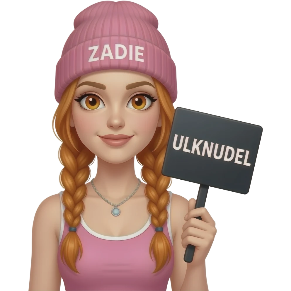 sexy girl with overlong ginger braids and ginger eyes wearing a pink tanktop and a pink beanie with ZADIE written on it, is holding a black sign with ULKNUDEL written on it emoji