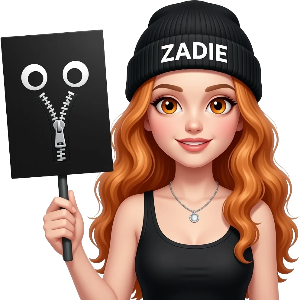 sexy girl with overlong wavy ginger hair and ginger eyes wearing a black tanktop and a black beanie with ZADIE written on it, is holding a black sign with 🤐 on it emoji