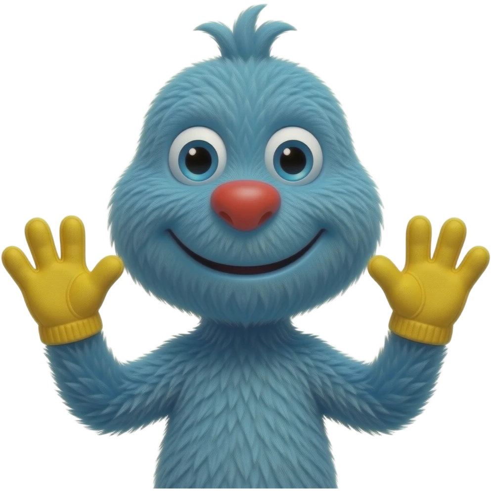 Blue huggy wuggy with triangle head not upside down yellow mitten hands and he is very tall and skinny his smile is mouth closed and his rubbery lips are red and he is furry emoji