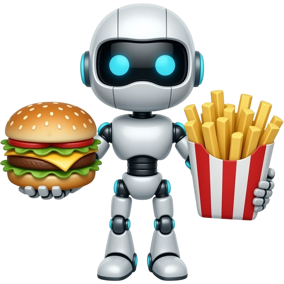 A robot with a hamburger and fries emoji