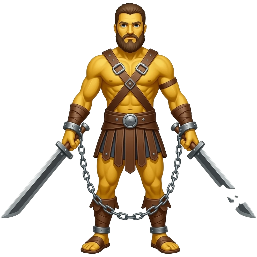 spartacus, minimal, full body, yellow skin, tipical emoji caracter style, more emojis style, more minimal, with weapons, more simplistic, emoji style, shackles on wrist with broken chains, beard emoji