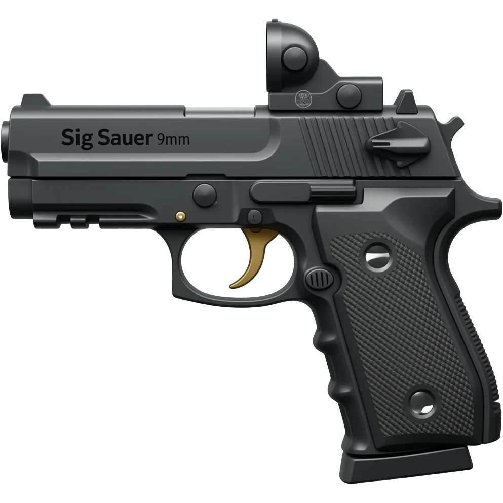 Make a black sig saur 9mm pistol and add the name "Sig Saur 9mm" on the barrel . Make the name darker.   Make a red dot sig saur ROMEO-RS COMPACT ROSE sight on the gun and a gold trigger. emoji