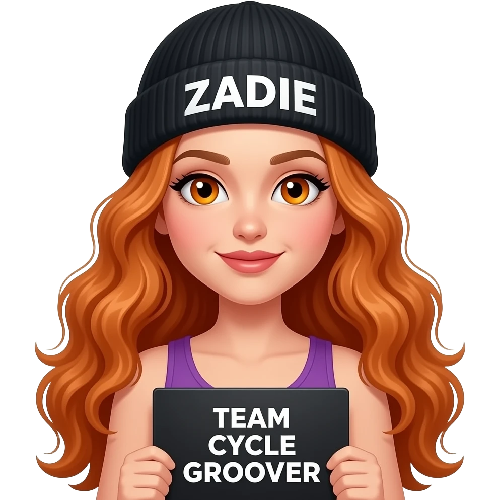 sexy girl with overlong wavy ginger hair and ginger eyes wearing a purple tanktop and a black beanie with ZADIE written on it, is holding a black sign with TEAM CYCLE GROOVER written on it emoji