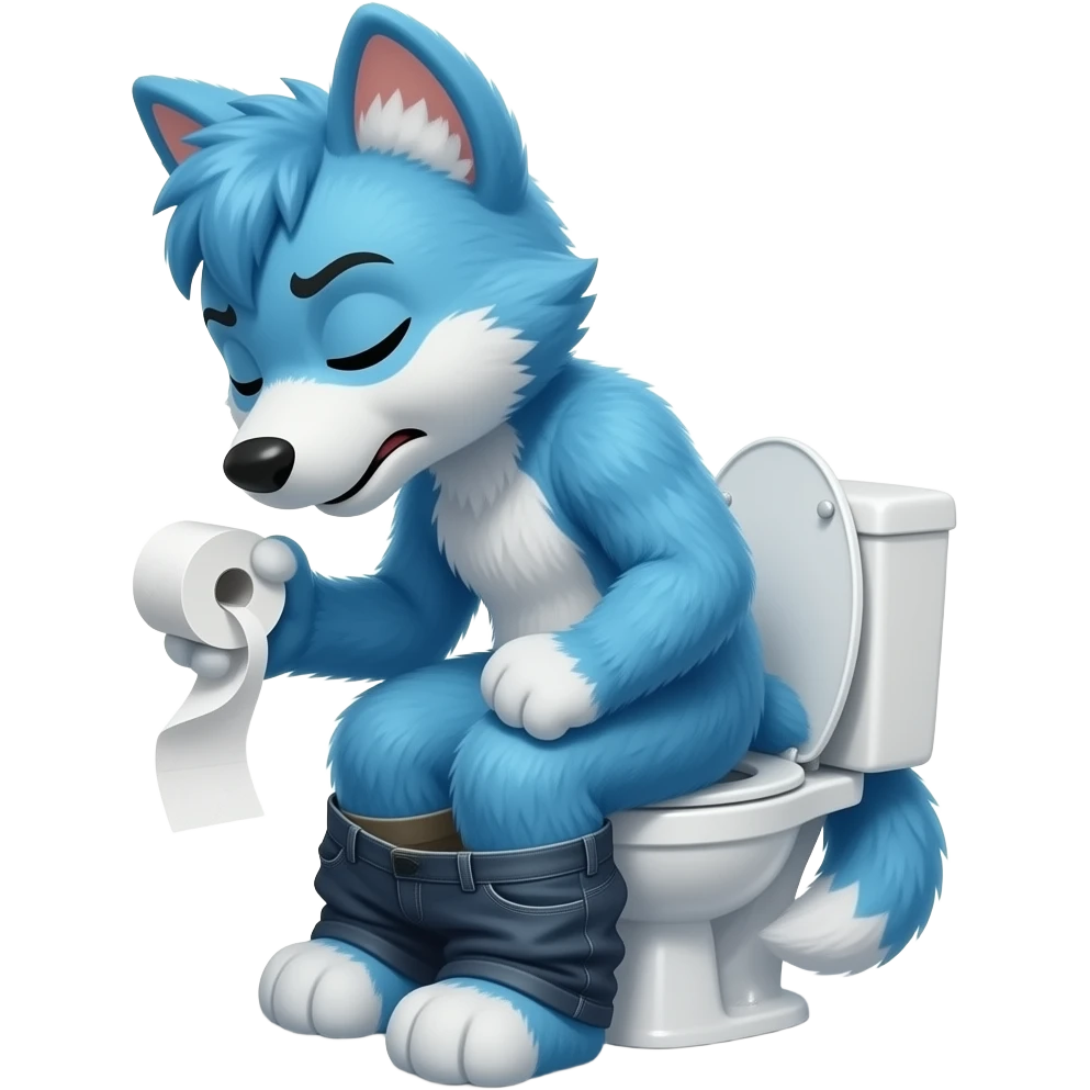 blue fursuit sitting on toilet, side view , pants down, pushing, eyes closed, straining face, toilet paper emoji