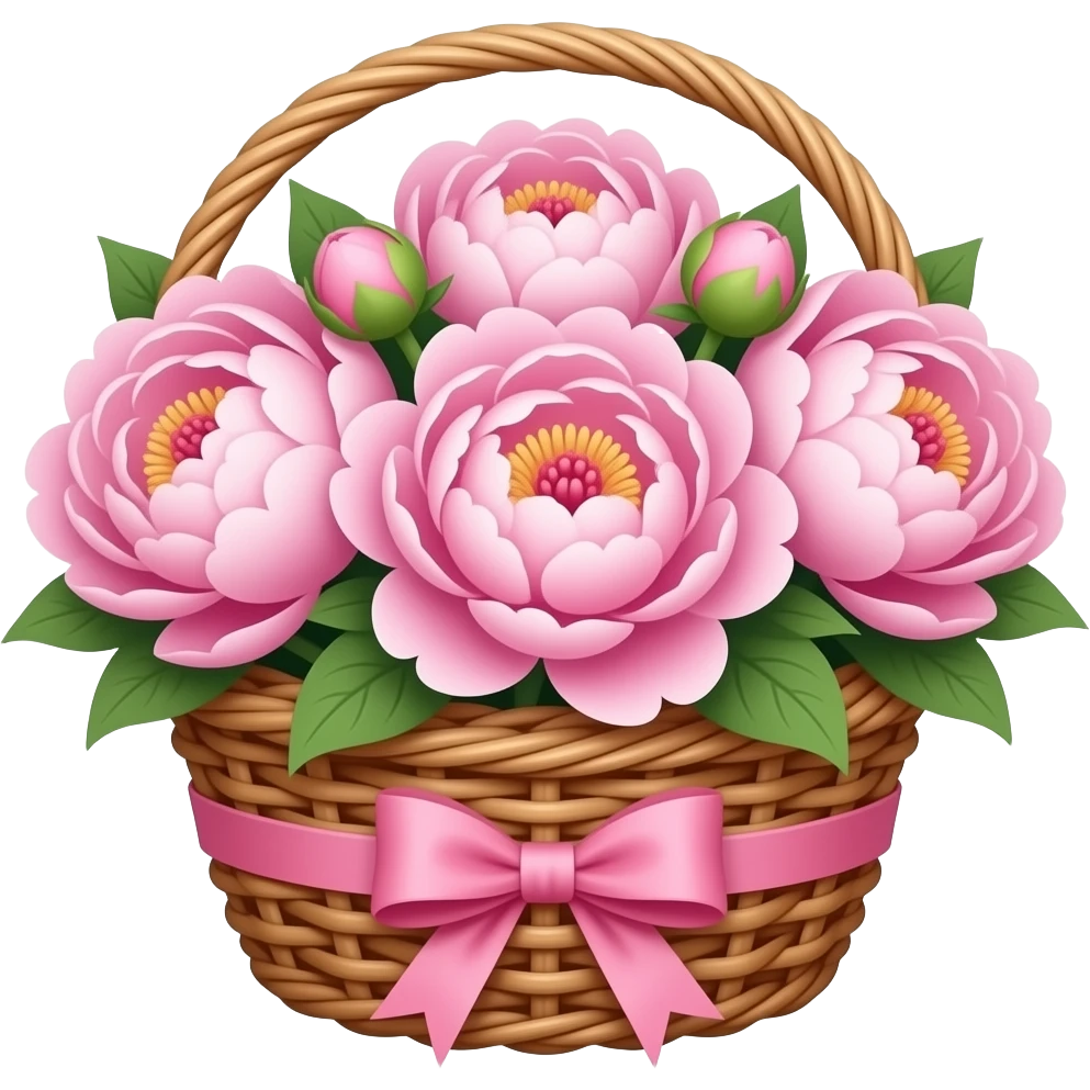 peonies in a basket with a pink bow emoji