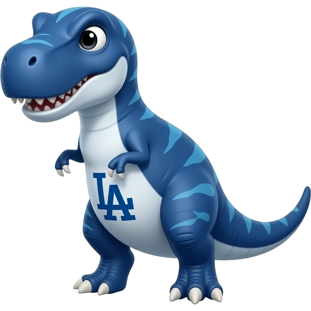 dodgers LA logo on his white belly deep blue dinosaur cute, and white nails, with black and white eyes plotting mischevious emoji