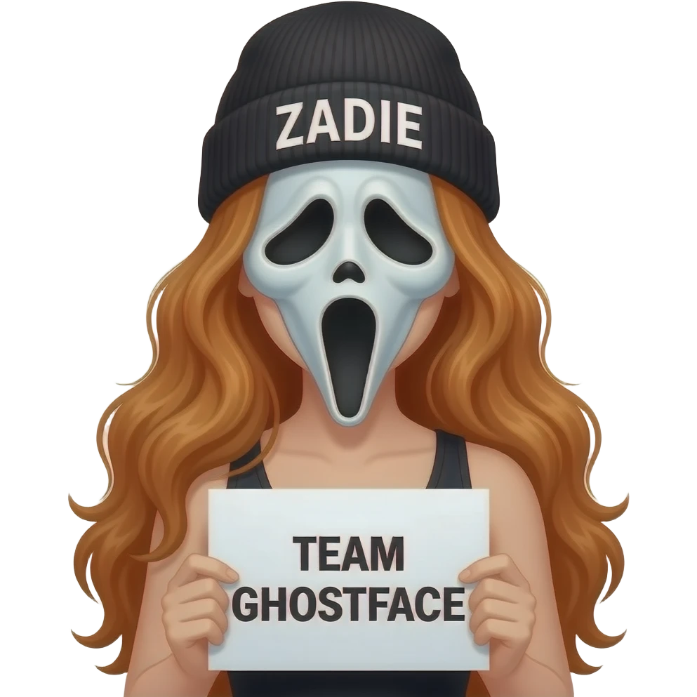sexy girl with overlong wavy ginger hair and ginger eyes wearing a black tanktop and a black beanie with ZADIE written on it and a ghostface mask is holding a white sign with just TEAM GHOSTFACE on it emoji