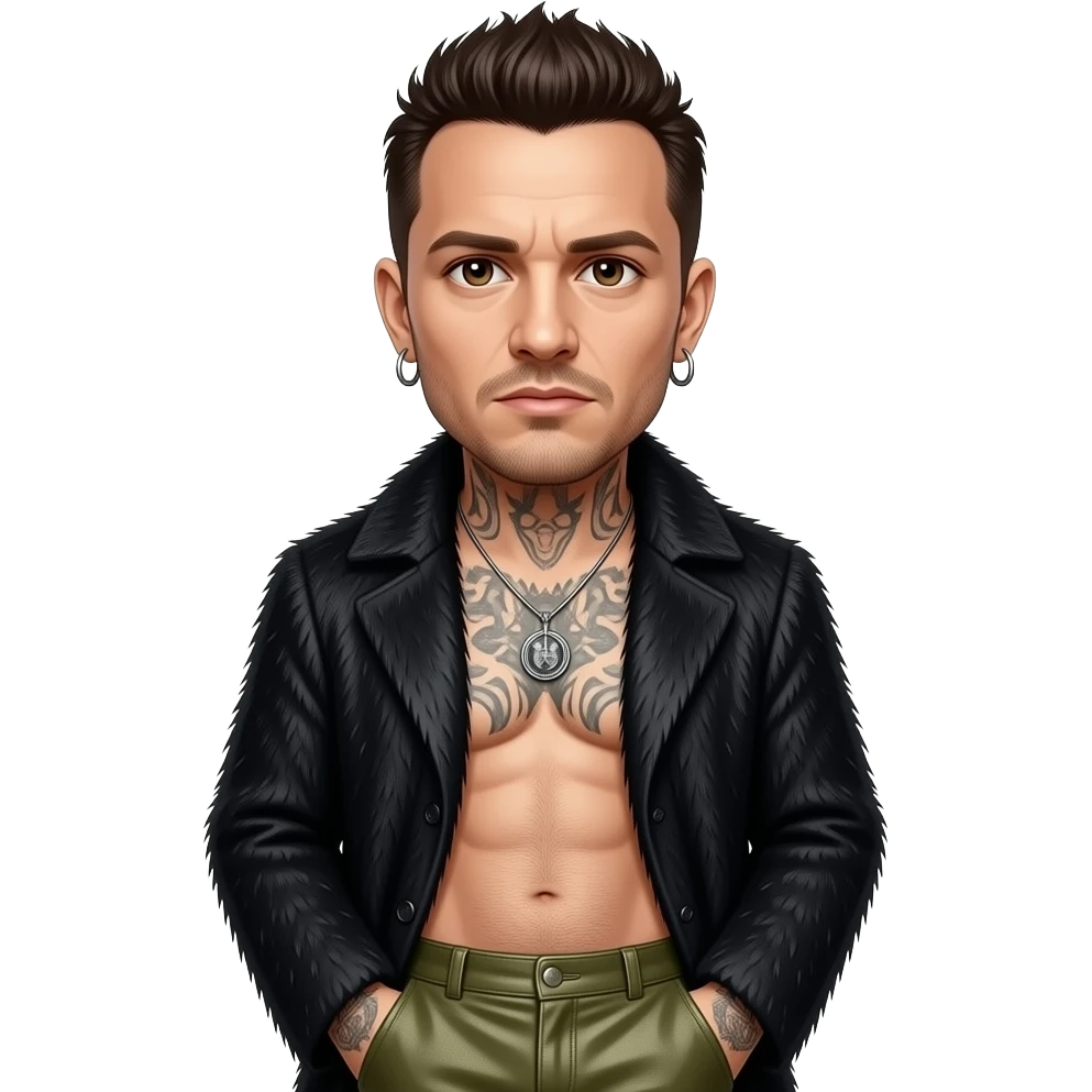 Chester Bennington with brown eyes, dark brown hair, black fur coat, olive metallic baggy pants, shirtless with necklace and earrings emoji