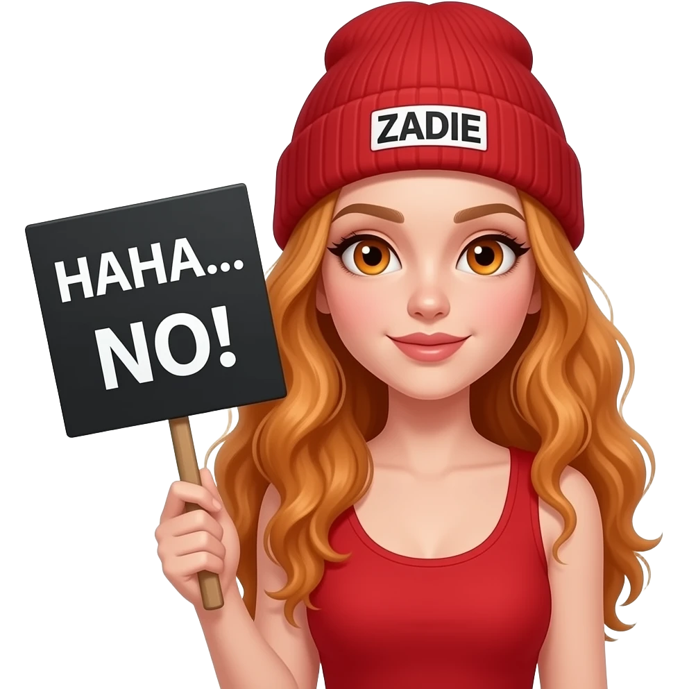 sexy girl with overlong wavy ginger hair and ginger eyes wearing a red tanktop and a red beanie with ZADIE written on it, is holding a black sign with HAHA... NO! written on it emoji