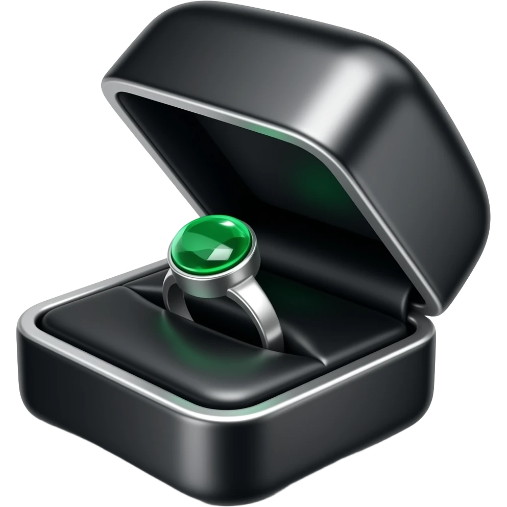 Emerald ring in a black box with silver trim emoji
