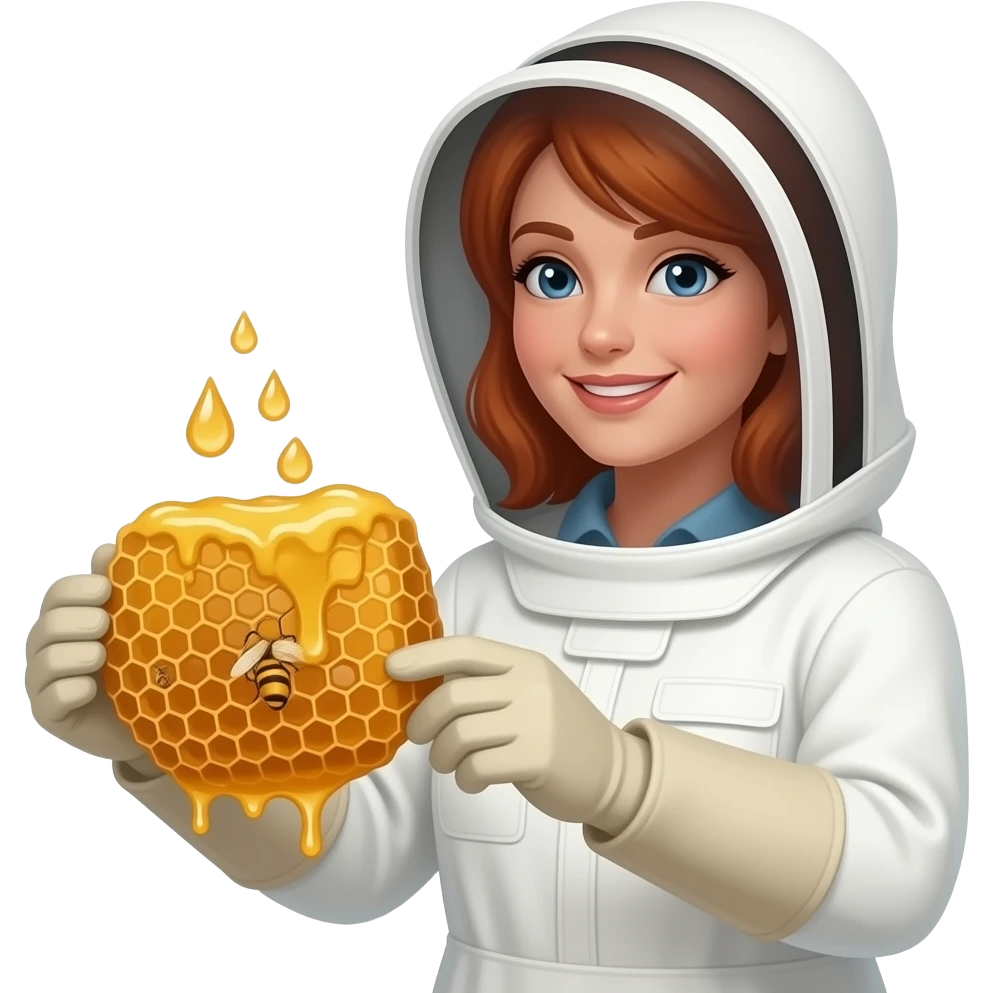 beekeeper woman in white beekeeper suit, a honeycomb in her hand and hair red emoji