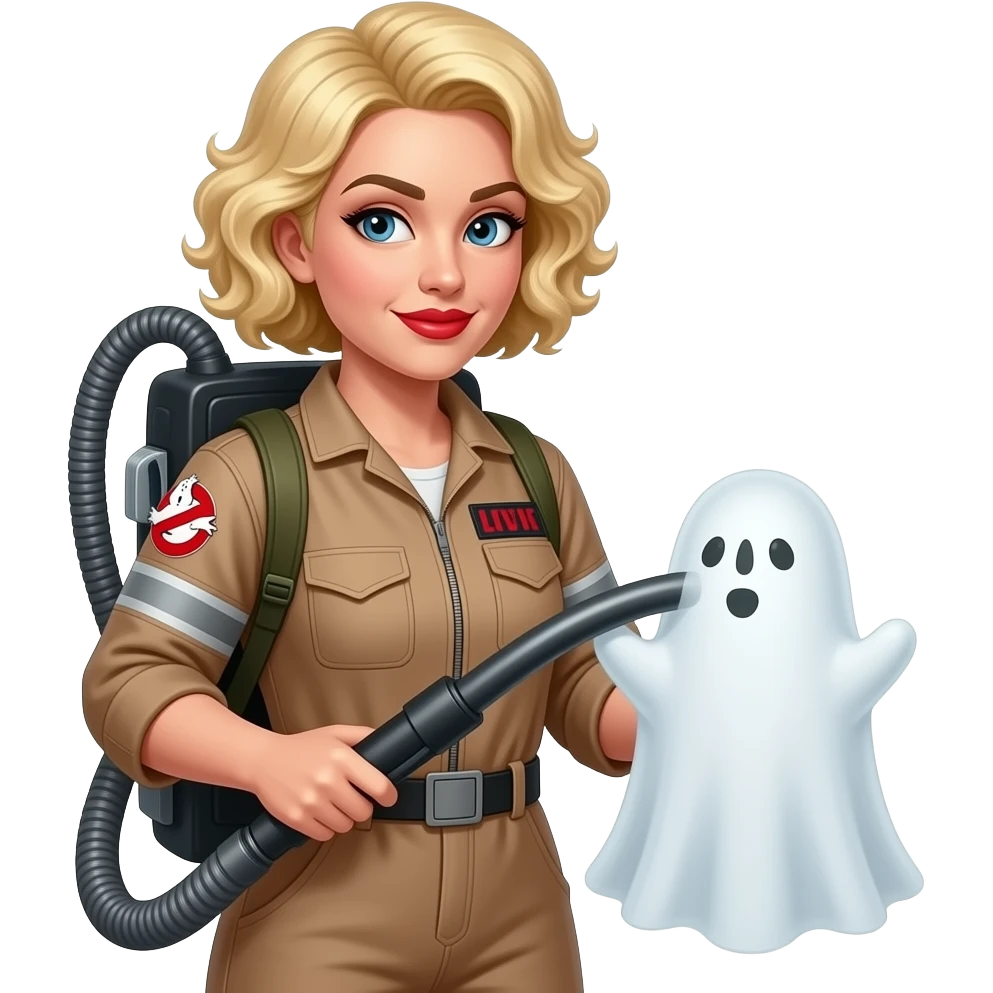 above neck Short blonde curly spiral hair in a brown ghost busters outfit putting a ghost into a ghost vacuumed  red fingernail, red lipstick and black eyebrows emoji