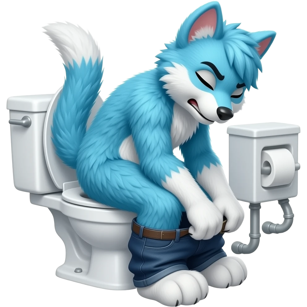 blue fursuit sitting on toilet, side view , pants down, pushing, eyes closed, straining face emoji