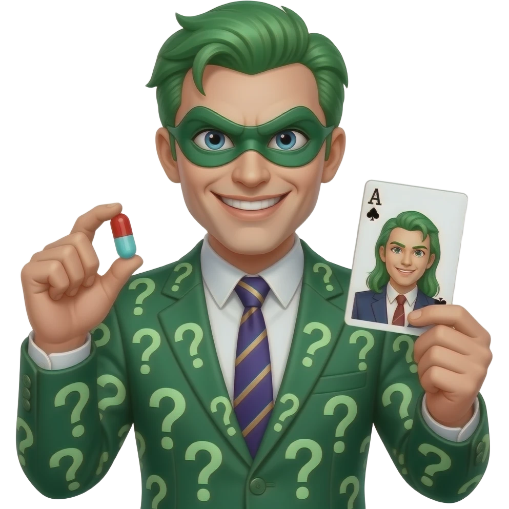 make suit green with question marks all over suit with green hair  and evil face and eye mask  and holding pill in one hand and playing card put him in ace shape emoji