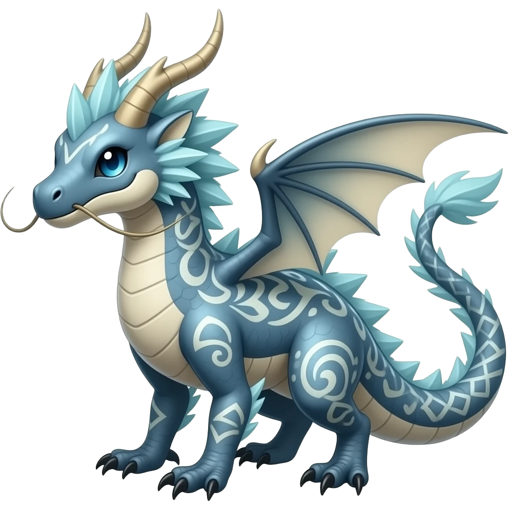 scaly shiny frilled spiky frilly feathery raptorik finned patterned tribal-patterned digitigrade quadrupedal Vaporeon-Salandit-Glaceon-hybrid with long thin dragon whiskers emoji