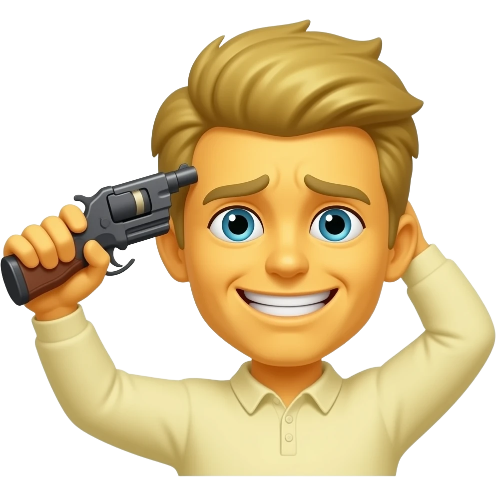 Yellow fake emoji painful smile 😃 with holding 🔫 to side of head emoji