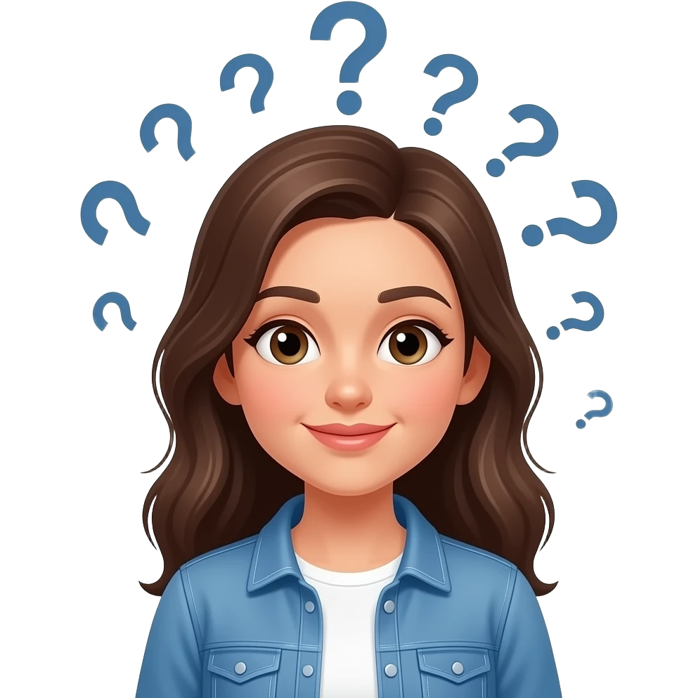 woman dressing casually with many question marks around her head emoji