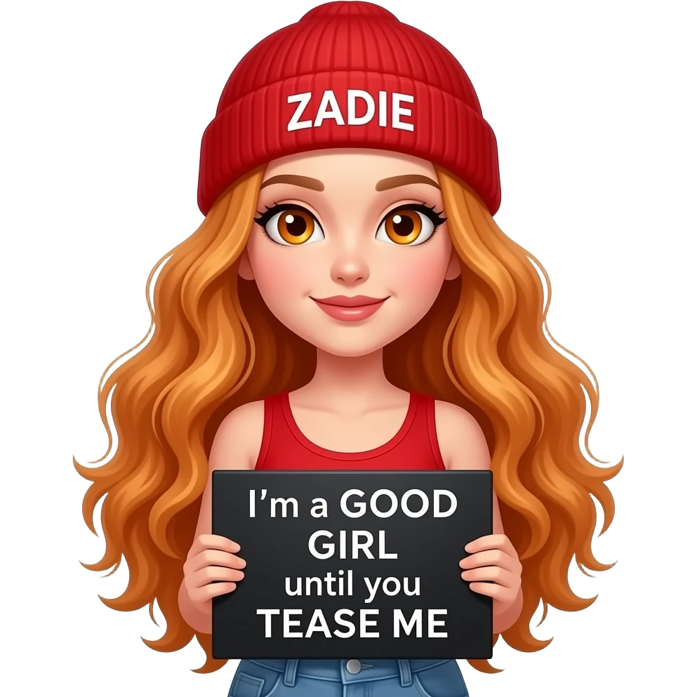 sexy girl with overlong wavy ginger hair and ginger eyes wearing a red tanktop and a red beanie with ZADIE written on it, is holding a black sign with I'm a GOOD GIRL until you TEASE ME written on it emoji