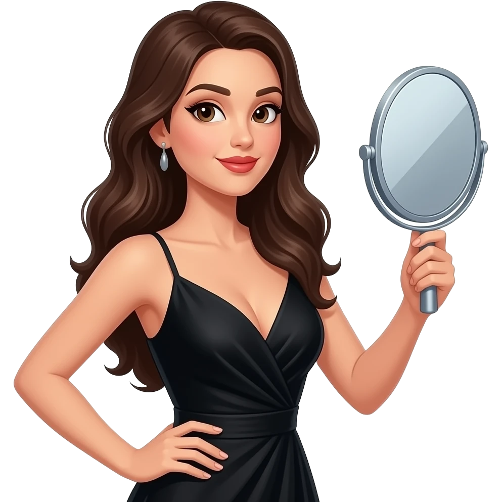 Realisting woman sexy posing elegant  black dress model looking in the handheld mirror emoji