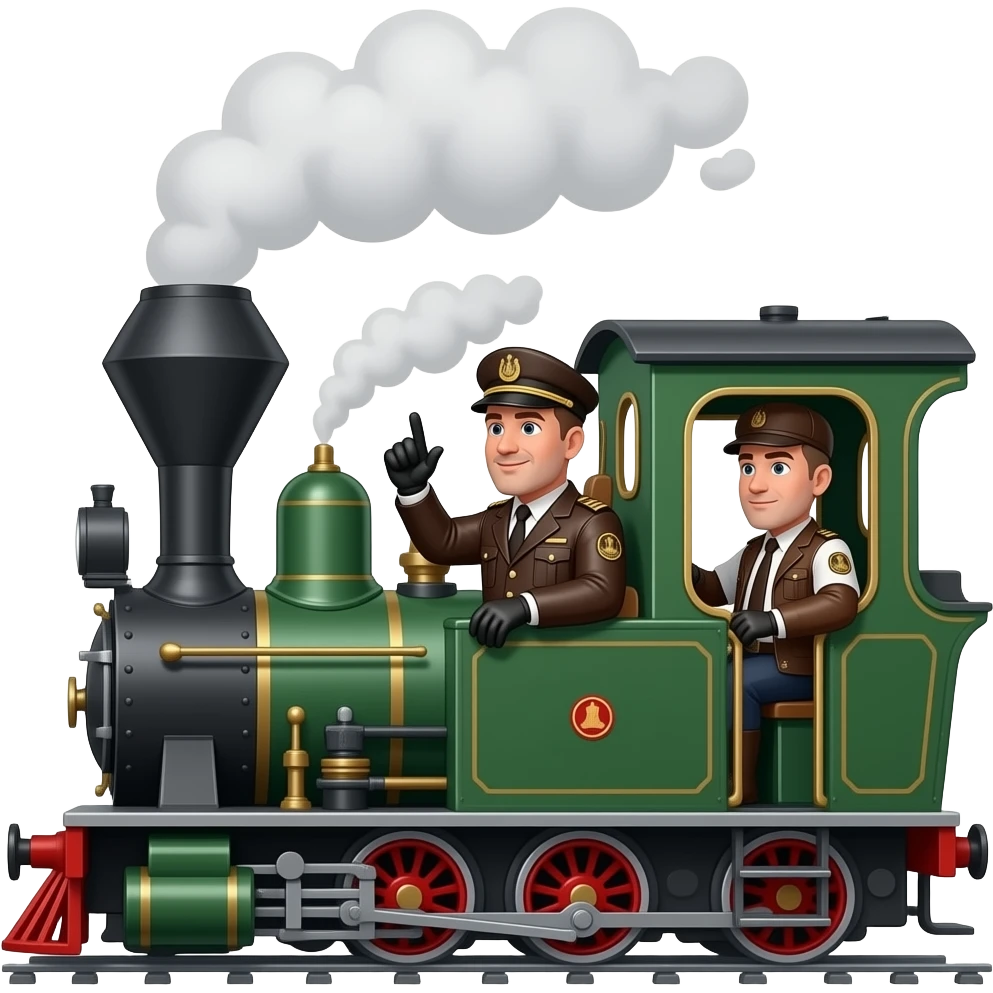 Print text: "The little train that couldn't, don't run out of steam at SteamWorks". Image of Gay leatherman train conductor, gay leatherman passengers on the little train that couldn't. emoji