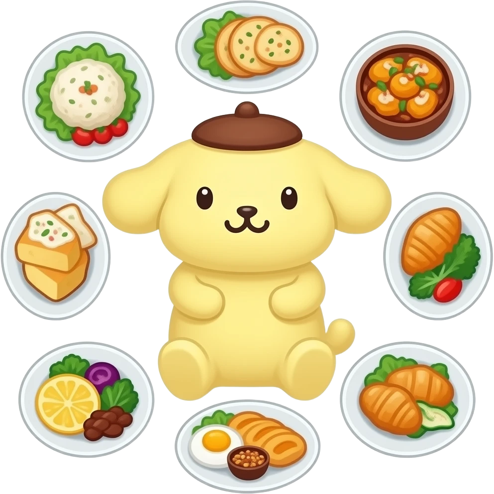 pompompurin full de comida con platos alrededor de el emoji