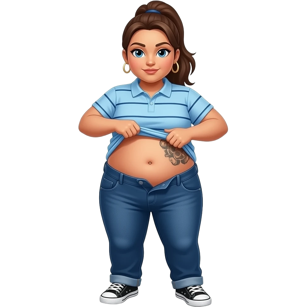 Obese Hispanic woman with brown ponytail and blue eyes light blue dark blue lined polo and dark blue baggy jeans and belly button and black and white sneakers lifting her shirt belly tattoo on front emoji