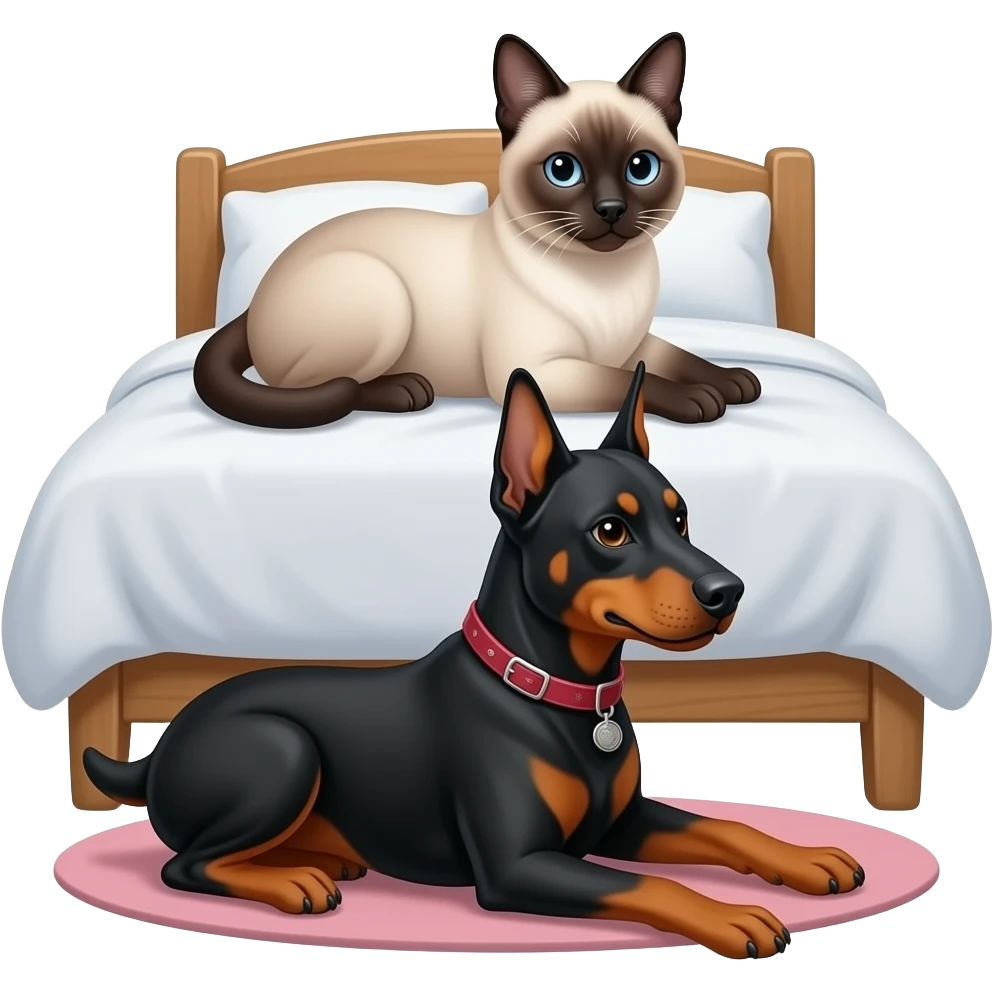 The Siamese cat is on the bed, and the doberman dog is below on the floor. emoji