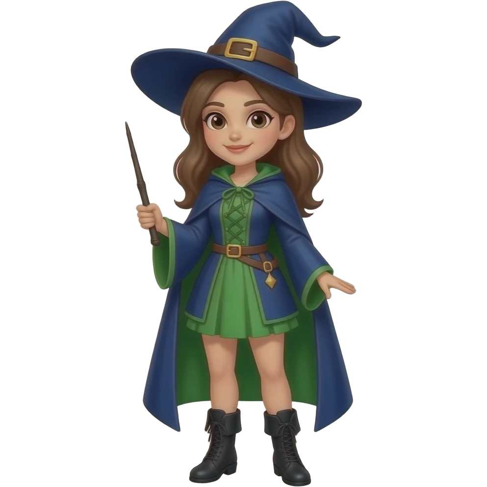A full body White/Fair skinned woman with brown hair and brown eyes and wearing a Blue and green Witch outfit with black ankle boots and holding a black wand. emoji