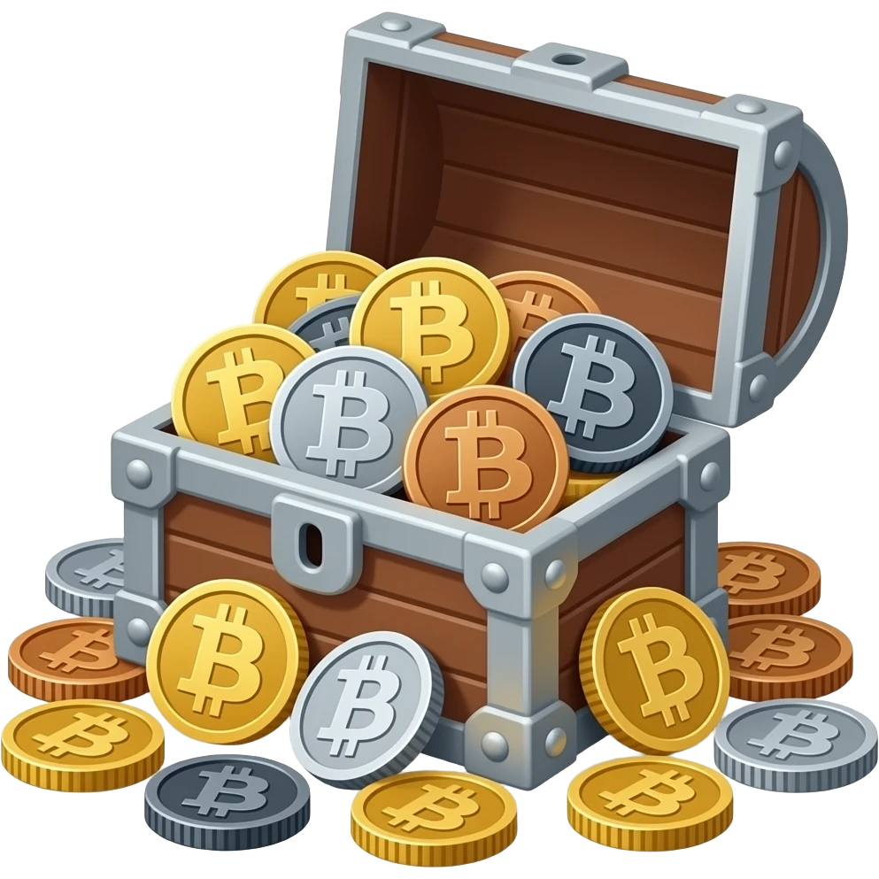 A  realistic, high definition, Treasure chest full of Gold, Silver, Bronze, and Dark Gray Titanium Bitcoins.  No coins outside. All coins inside. emoji