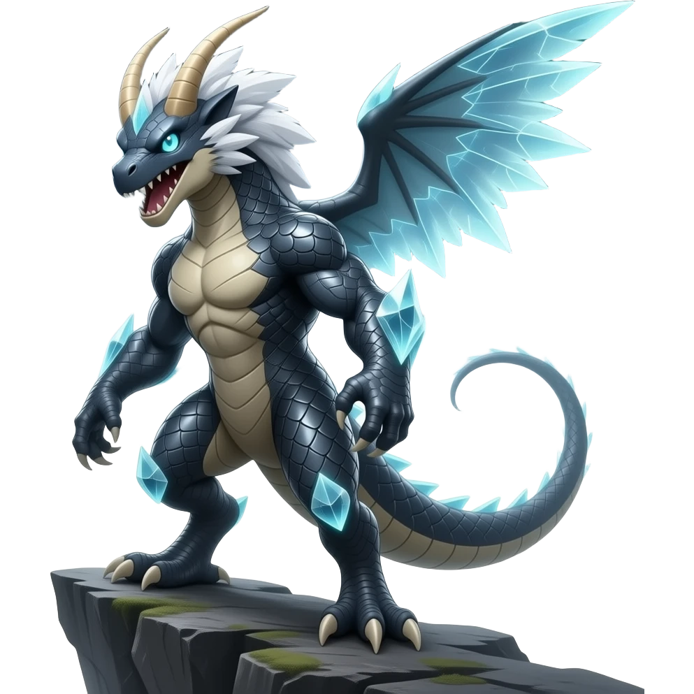 Raptorik scaley feathery horned Amaura-Wargreymon-Aurorus-ExVeemon-WereGarurumon-Pokémon-Fakémon-hybrid-fusion-creature, full body emoji