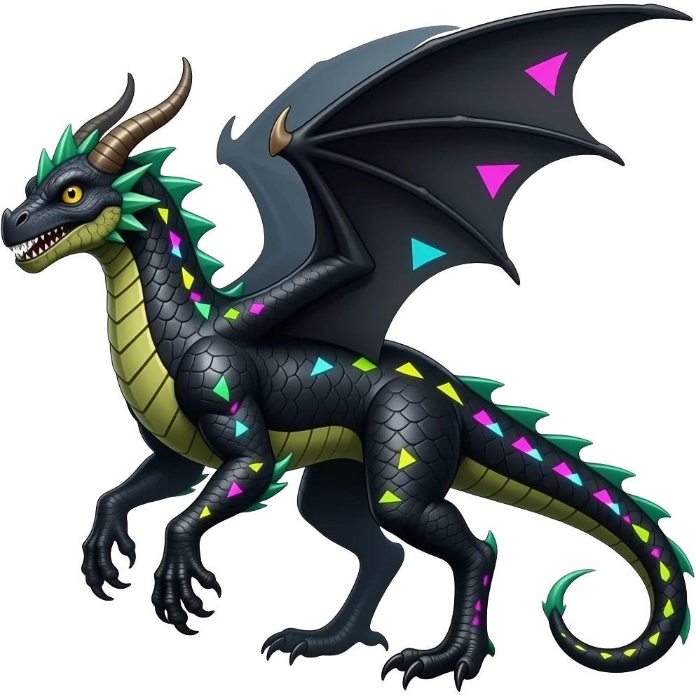 Cool edgy horned frilled black-scaled with neon-colored triangular stripe markings draconic raptorik digitigrade bipedal futuristic fantasy-Cyberpunk- emoji