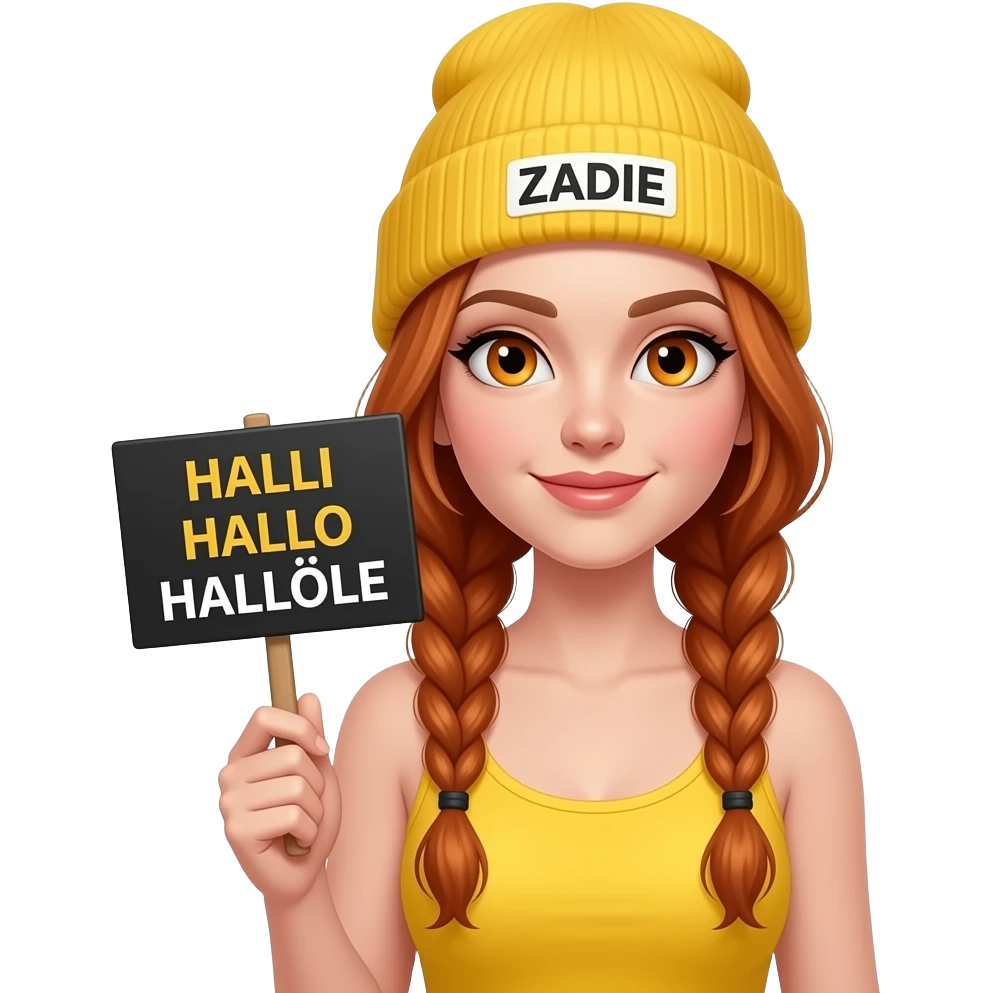 sexy girl with overlong ginger braids and ginger eyes wearing a yellow tanktop and a yellow beanie with ZADIE written on it, is holding a black sign with HALLI HALLO HALLÖLE written on it emoji
