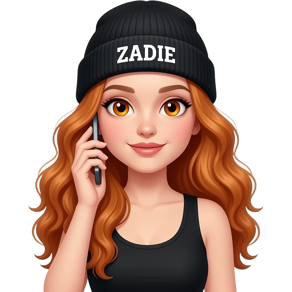 sexy girl with overlong wavy ginger hair and ginger eyes wearing a black tanktop and a black beanie with ZADIE written on it, is holding a cell phone emoji