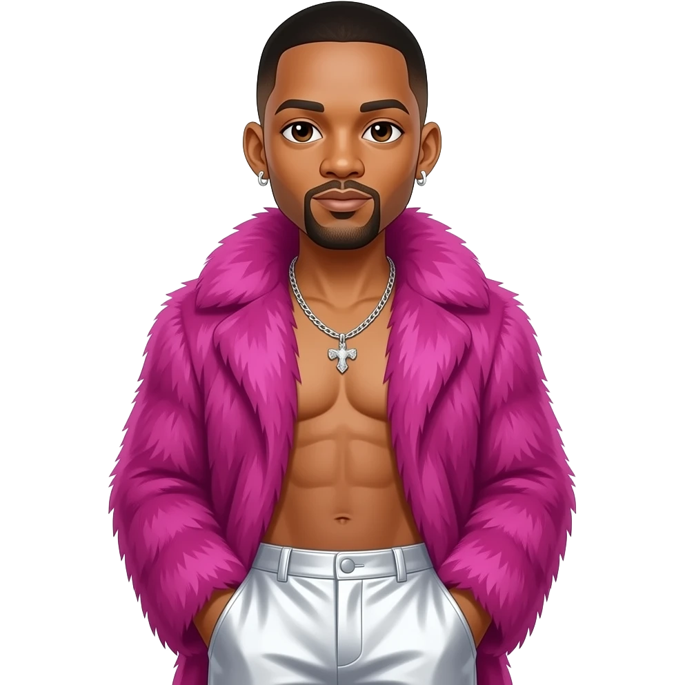 Will Smith with brown eyes, black buzz cut hair, fuchsia fur shawl, white metallic baggy pants, shirtless with necklace and earrings emoji