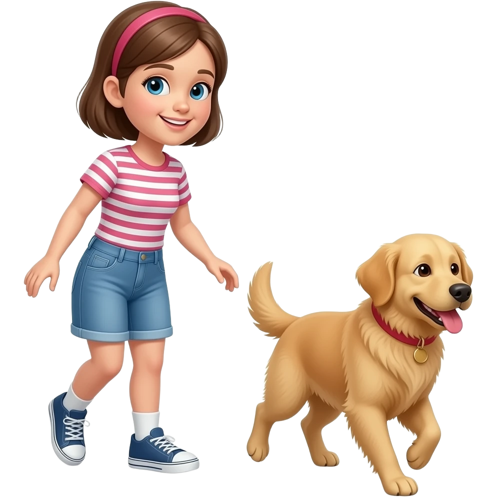 Girl standing in front of her golden dog trotin towars her emoji