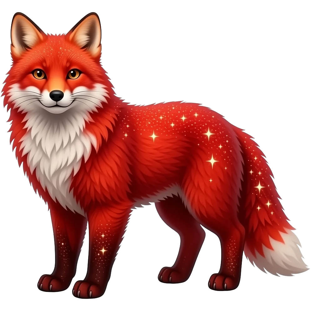 Hyper realistic fire red velvet fur soaked in starlight glitter and shadow gradients beautiful, full body emoji