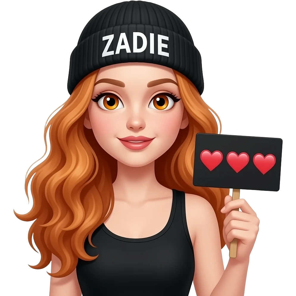 sexy girl with overlong wavy ginger hair and ginger eyes wearing a black tanktop and a black beanie with ZADIE written on it, is holding a black sign with ❤️❤️❤️ on it emoji