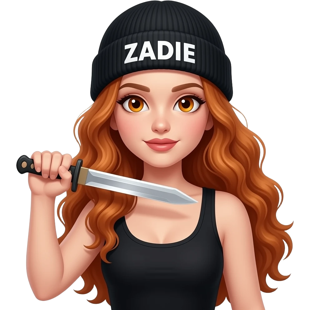 sexy girl with overlong wavy ginger hair and ginger eyes wearing a black tanktop and a black beanie with ZADIE written on it, is holding a blade emoji