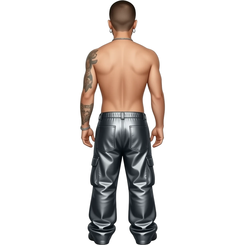 Chester Bennington from behind with charcoal gray metallic baggy pants, shirtless with necklace and earrings emoji