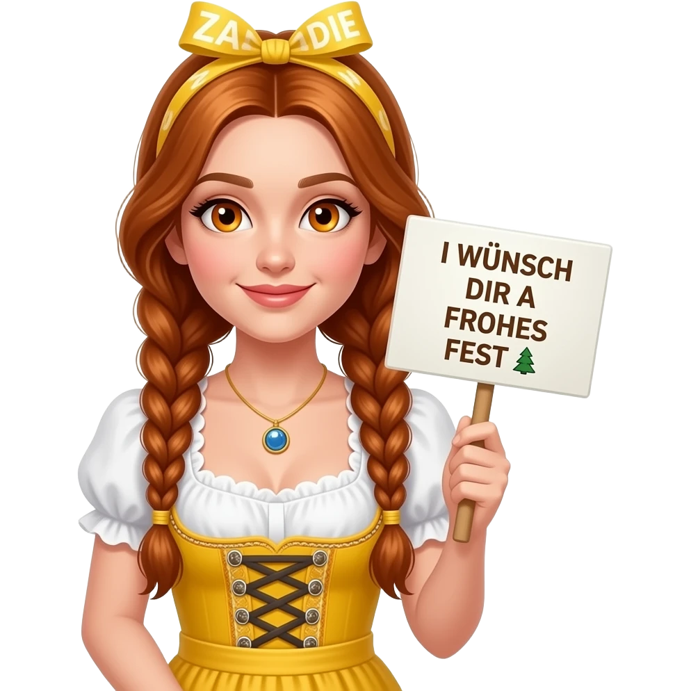 sexy girl with overlong ginger braids and ginger eyes wearing a yellow dirndl and a yellow headband with ZADIE written on it, is holding a sign with I WÜNSCH DIR A FROHES FEST 🎄 written on it emoji