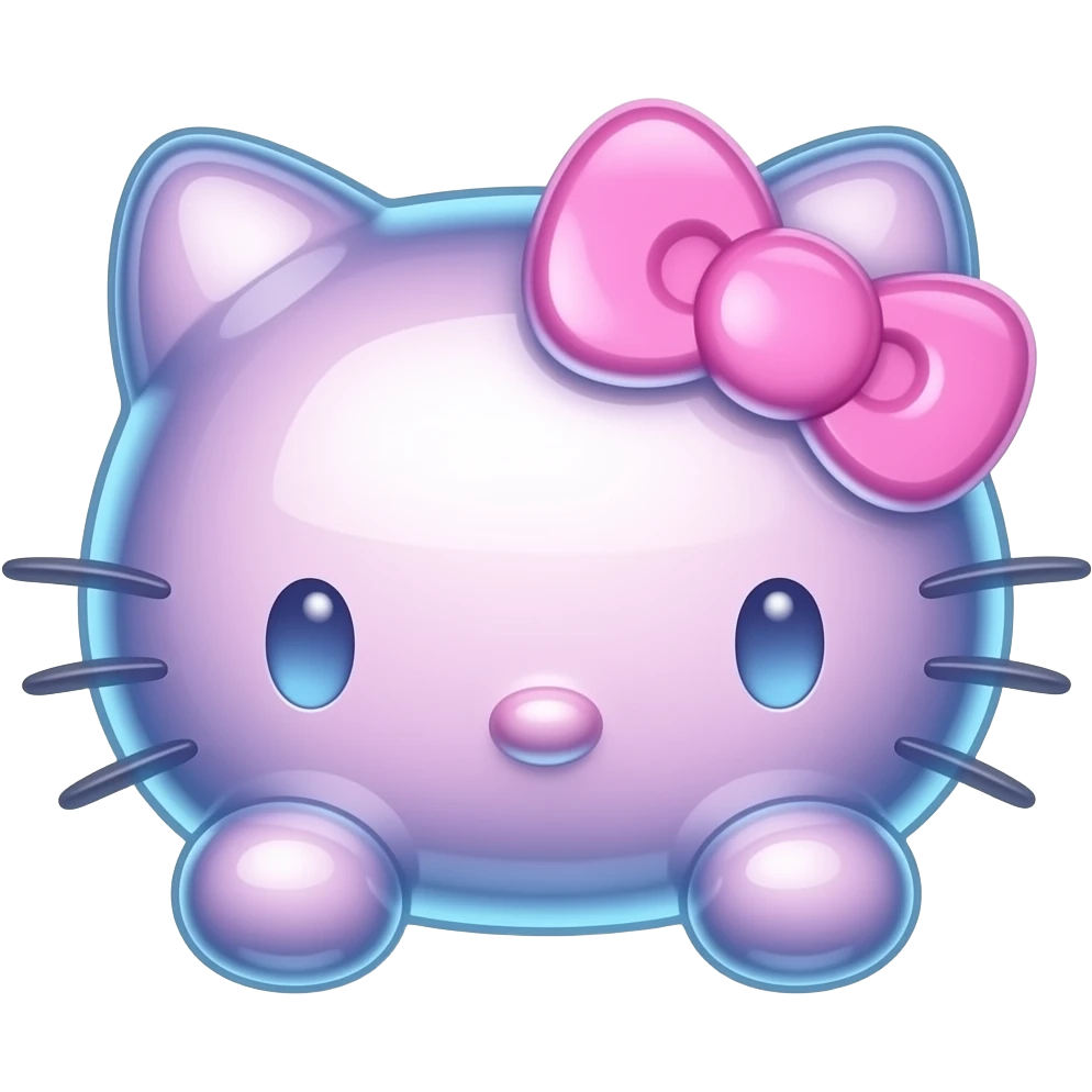 Glowing 3d pink and blue colored glass hello Kitty head with front paws emoji