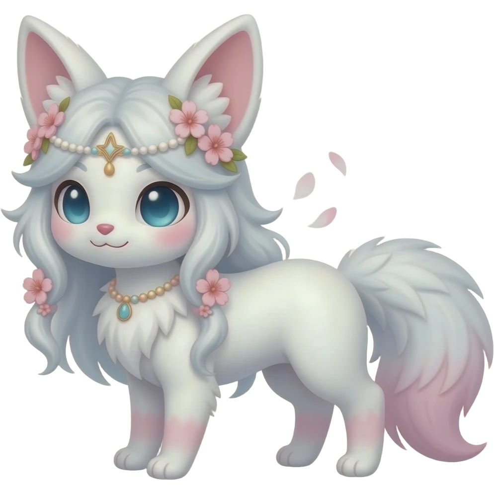 White kawaii realistic sakura floral Fuzzy slim oriental feathery long-haired beaded mane cozy rosy aesthetic feathery Rosy beautiful Sylveon-Furret-Fennekin-Minccino-Espeon-Fakémon-hybrid emoji