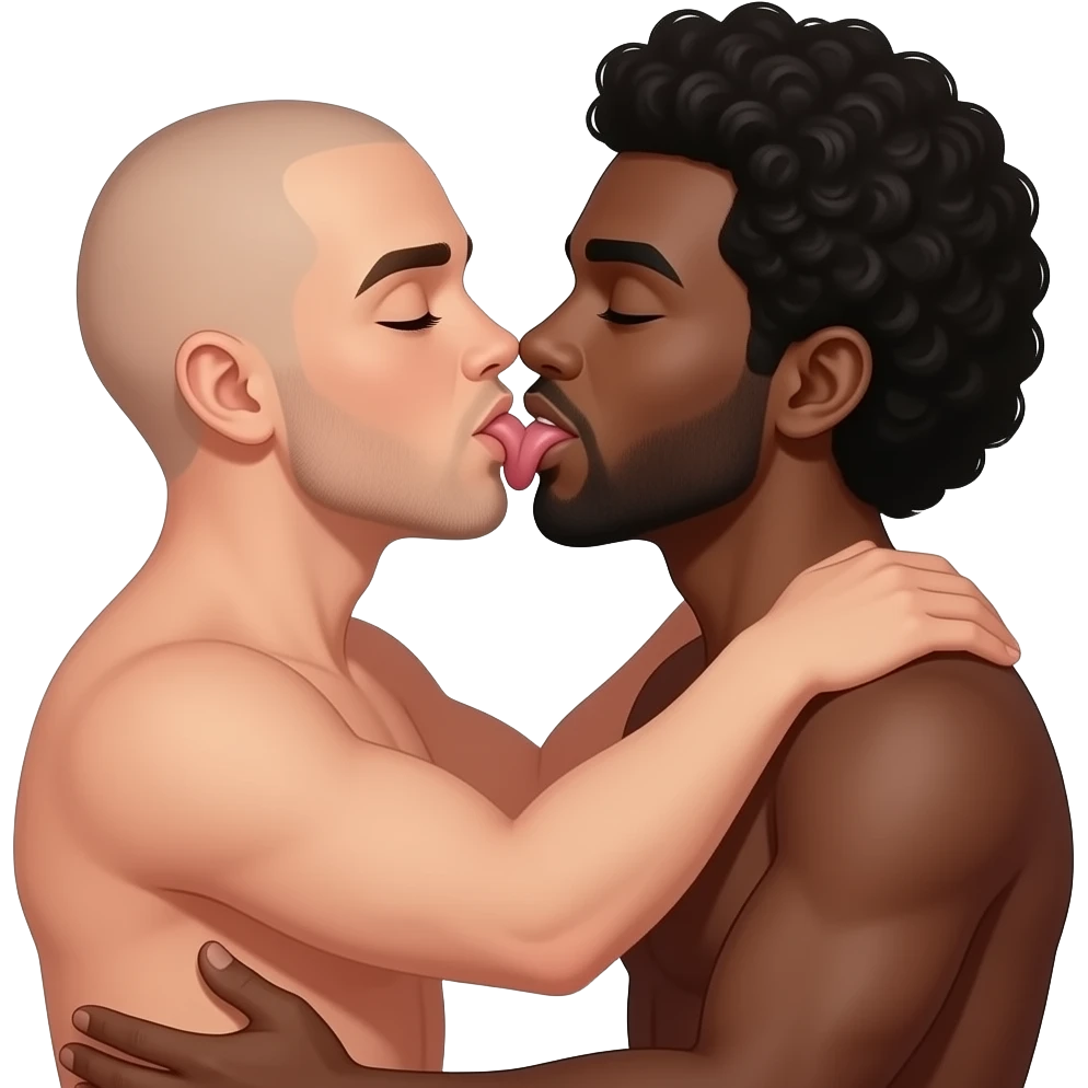 2 gay man: one bold and one black with a Afro haircut, hugging and kissing with tongue in a very sexy way emoji