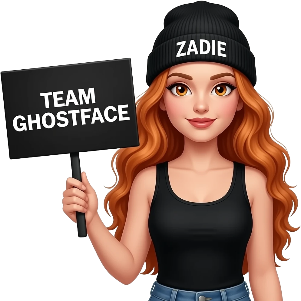 sexy girl with overlong wavy ginger hair and ginger eyes wearing a black tanktop and a black beanie with ZADIE written on it, is holding a black sign with just TEAM GHOSTFACE on it emoji