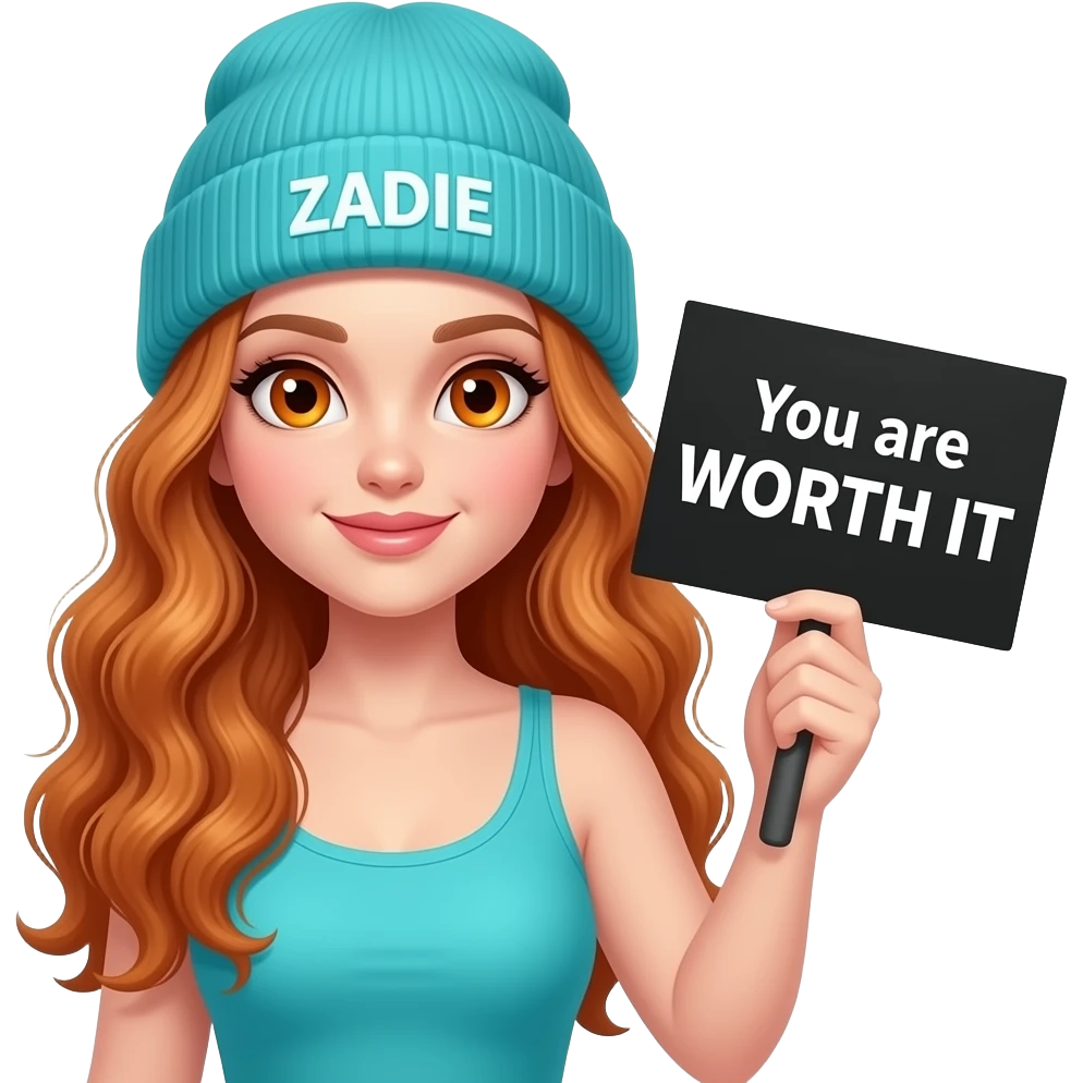 sexy girl with overlong wavy ginger hair and ginger eyes wearing a turquoise tanktop and a turquoise beanie with ZADIE written on it, is holding a black sign with You are WORTH IT written on it emoji