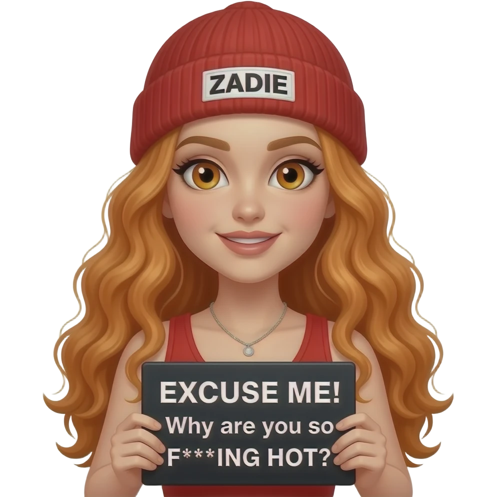 sexy girl with overlong wavy ginger hair and ginger eyes wearing a red tanktop and a red beanie with ZADIE written on it, is holding a black sign with EXCUSE ME! Why are you so F***ING HOT? written on it emoji