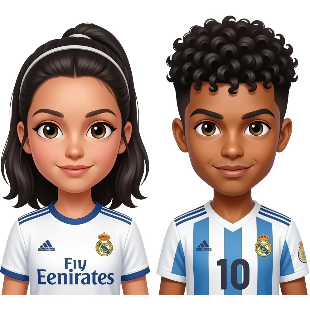 صورة لبنت شعر اسود ريال مدريد و على جانبها الاعب كرستيانو رونالدو و الاعب فينيسيوس جونيور emoji