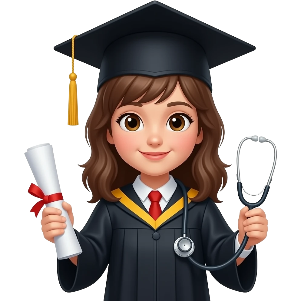 create me an emoji-style png of a white girl student with brown hair wearing a classic black graduation cap major, in a style of "health science" major. In one hand shes holding a rolled up graduation paper, and in the other hand holding a item that represents her major emoji