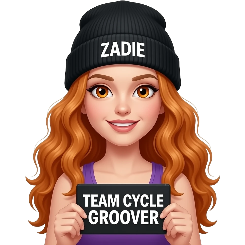 sexy girl with overlong wavy ginger hair and ginger eyes wearing a purple tanktop and a black beanie with ZADIE written on it, is holding a black sign with TEAM CYCLE GROOVER written on it emoji
